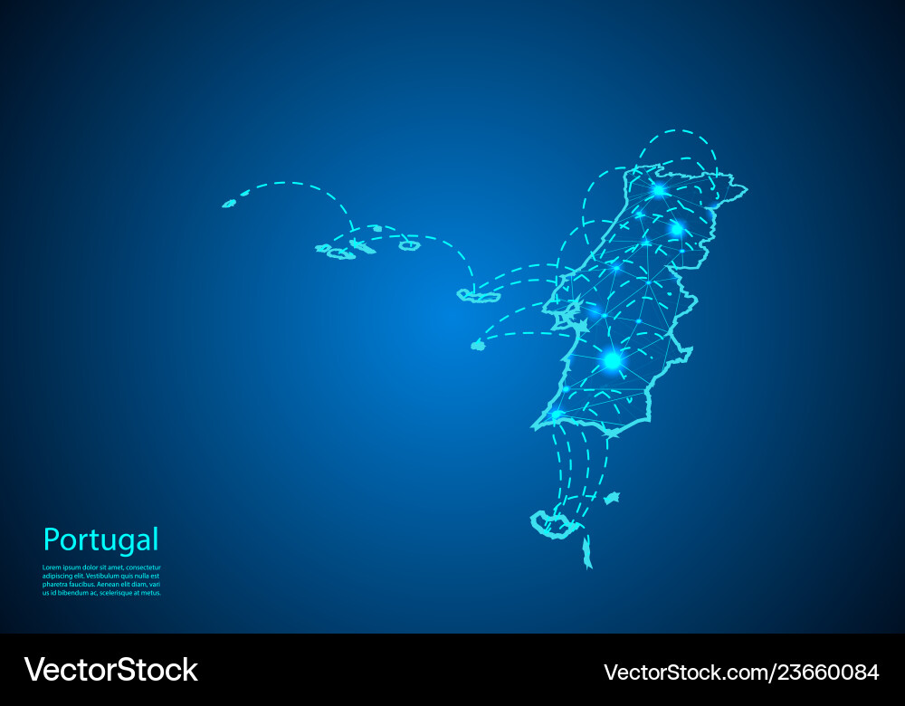 Portugal map with nodes linked by lines concept Portugal map with nodes linked by lines concept vector image