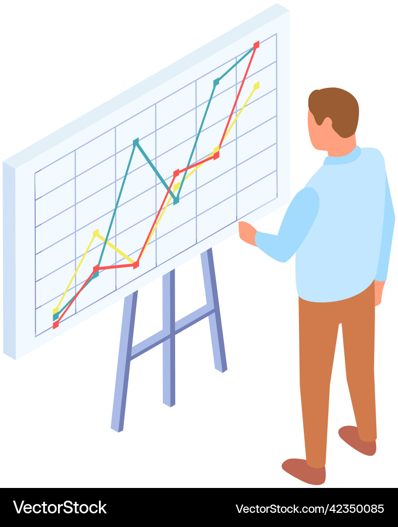 Man analysiert den digitalen Bericht mit Datenstatistisch Man analysiert den digitalen Bericht mit Datenstatistisch Vektorbild
