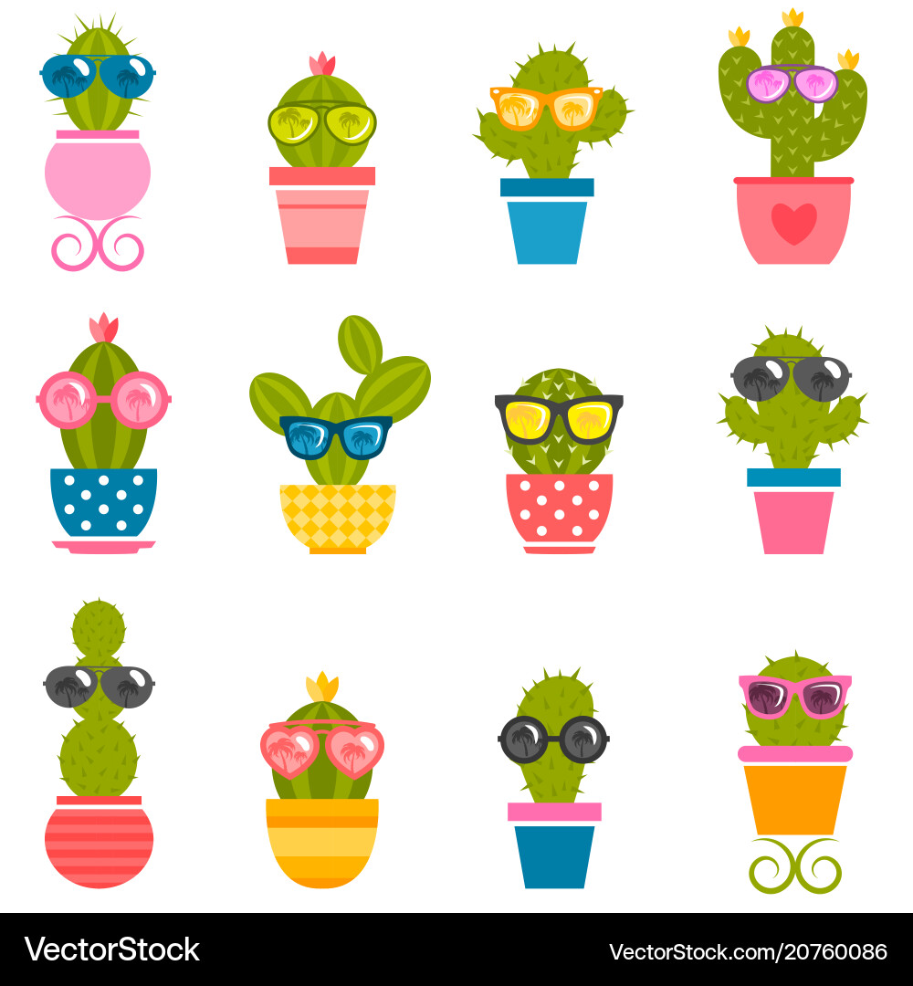 Cactuses with Sunglasses - Fun Floral Set Vector Image