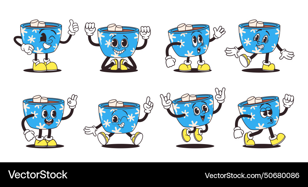 Retro groovy cocoa mug characters Vector Image