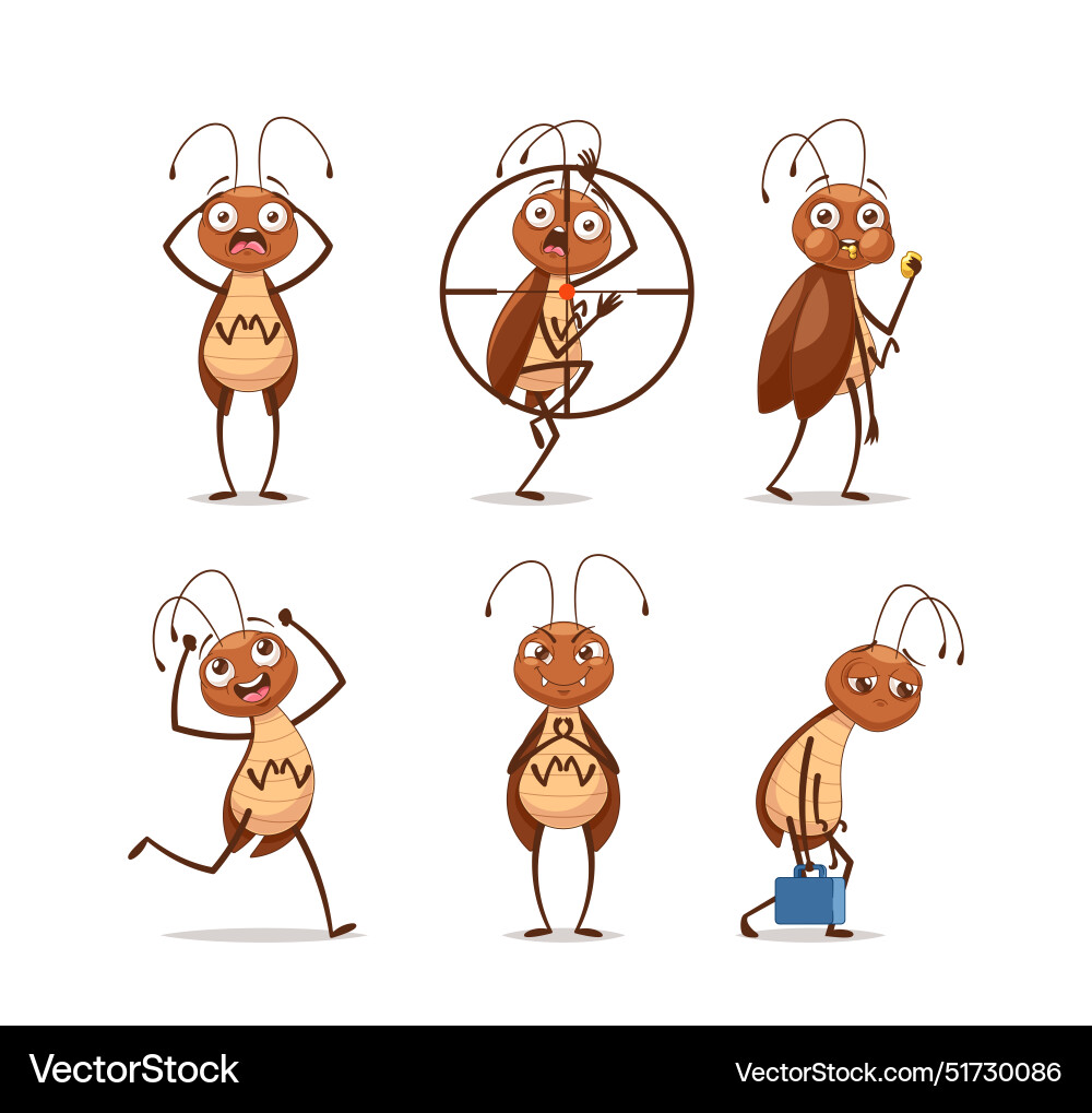 Set of cartoon cockroach characters showing Set of cartoon cockroach characters showing Vector Image