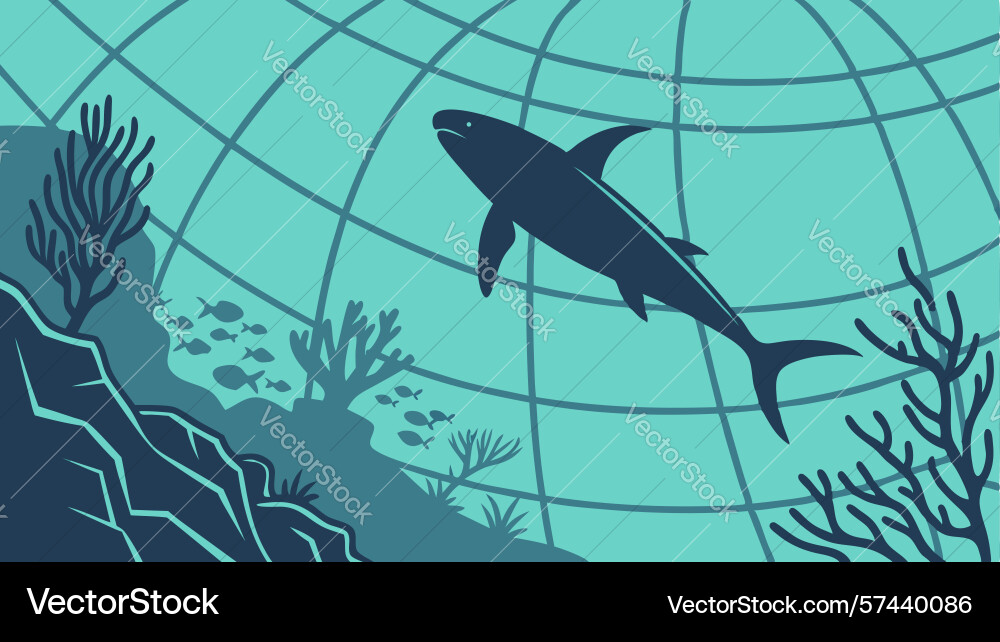 Shark in abstract ocean with net pattern marine vector image