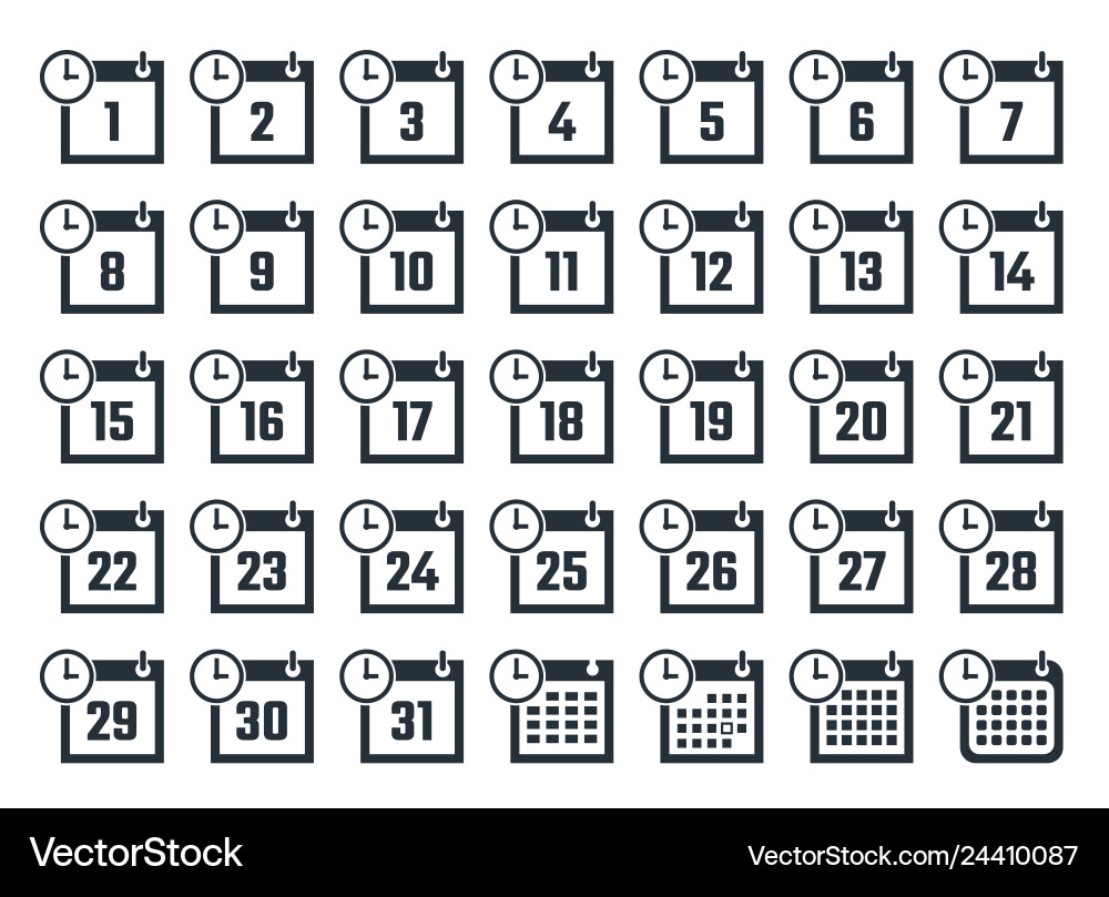 Calendar icons with dates from 1 to 31 Calendar icons with dates from 1 to 31 vector image