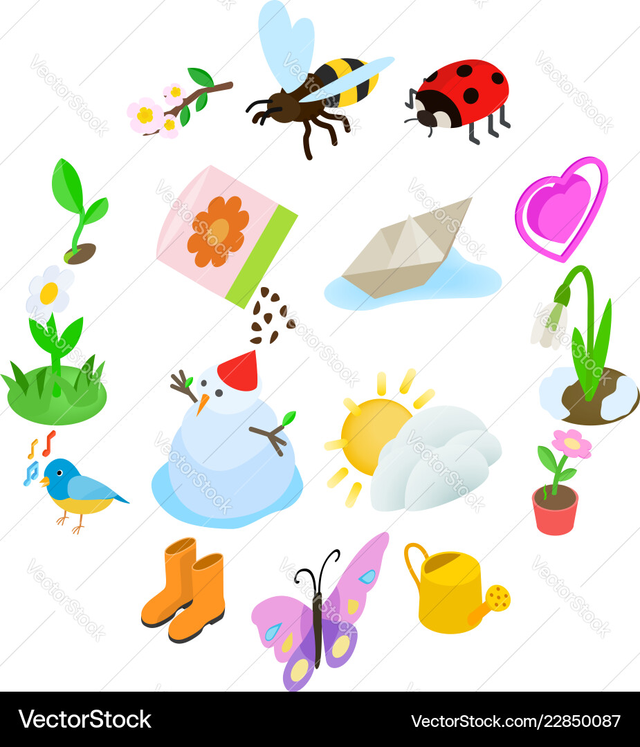 Spring elements icons set isometric 3d style Spring elements icons set isometric 3d style vector image