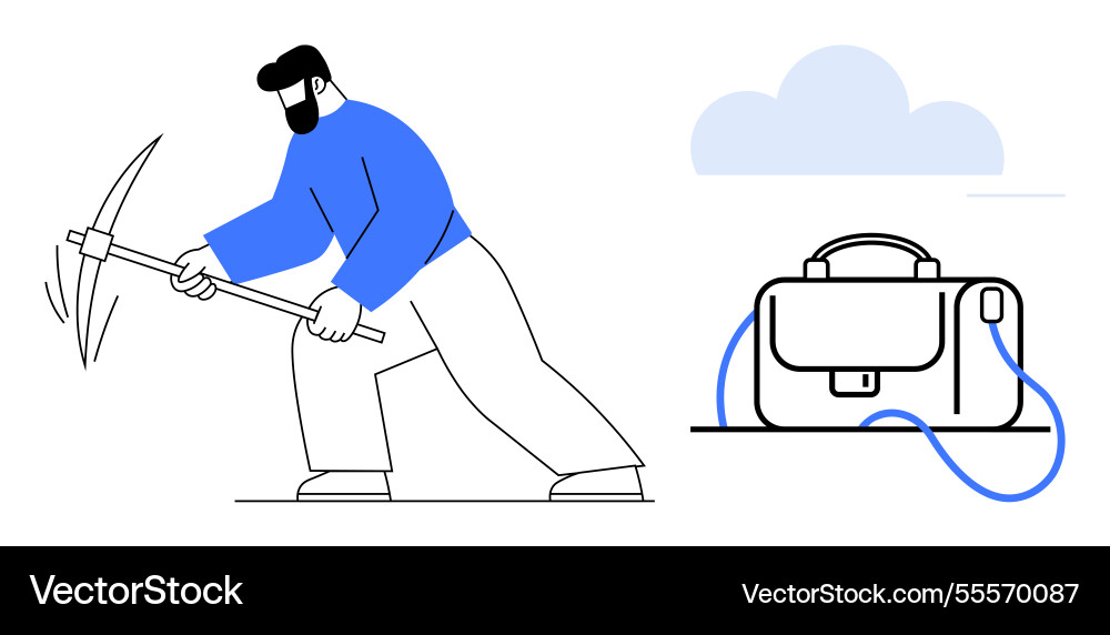 Worker with pickaxe digging next to briefcase Worker with pickaxe digging next to briefcase vector image