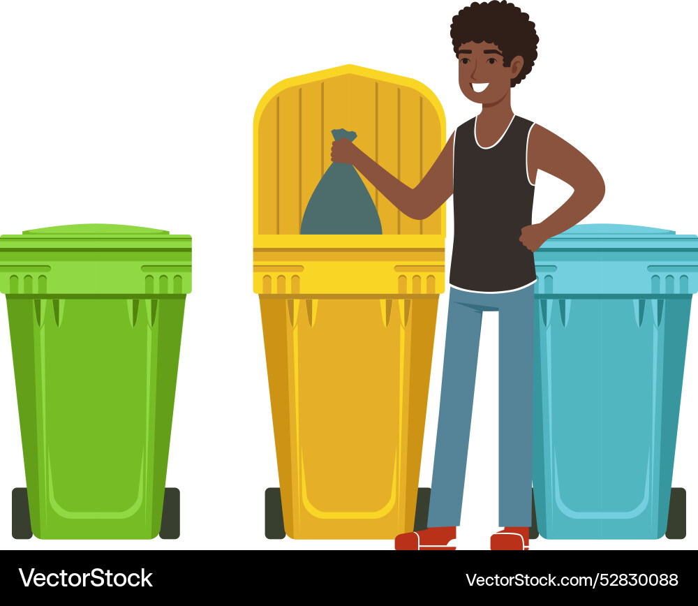 Man throwing trash into recycling can sorting Man throwing trash into recycling can sorting vector image
