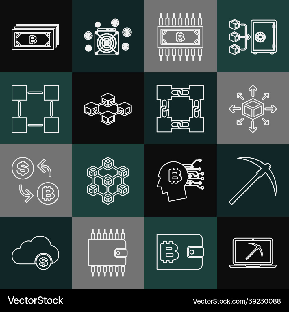 Set line mining with laptop and pickaxe Vector Image