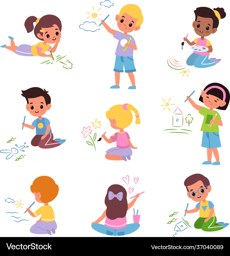 Children Drawing with Colored Pencils Vector Image