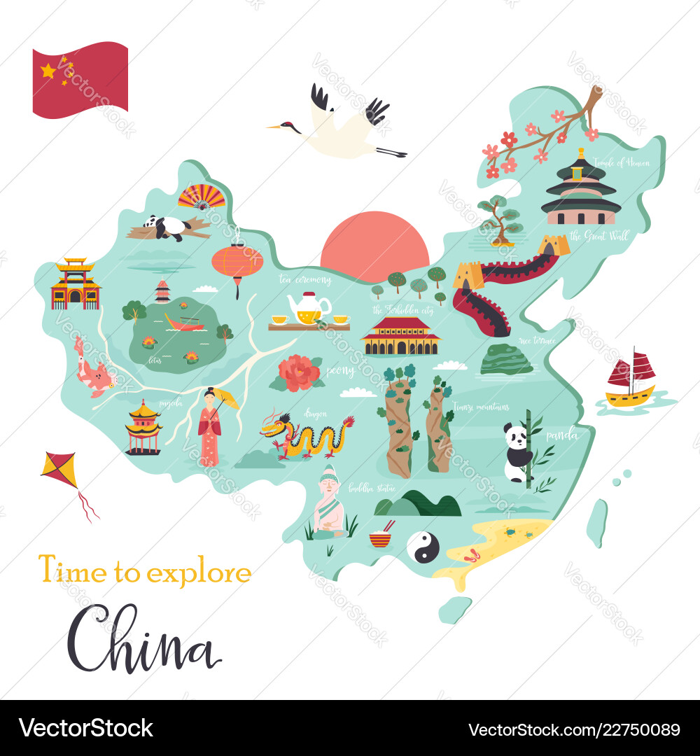 Chinese cartoon map with destinations symbols vector image