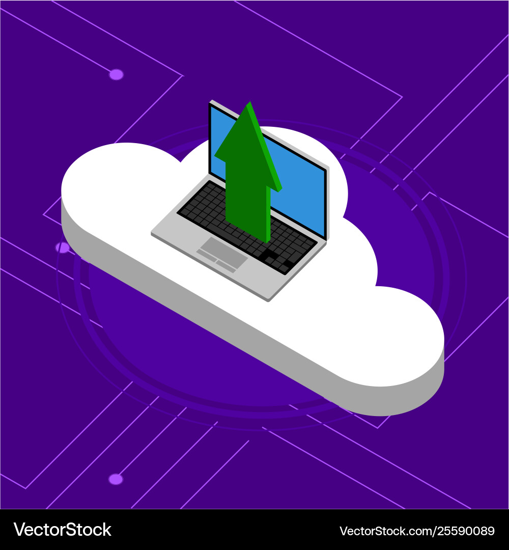 Laptop uploading to a 3d cloud computing icon vector image