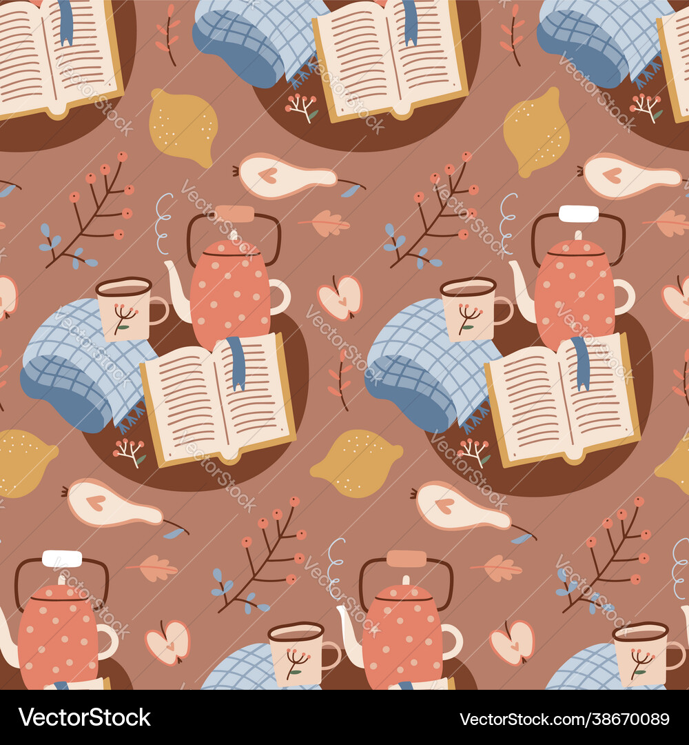 Seamless autumn hygge pattern with book teapot Vector Image