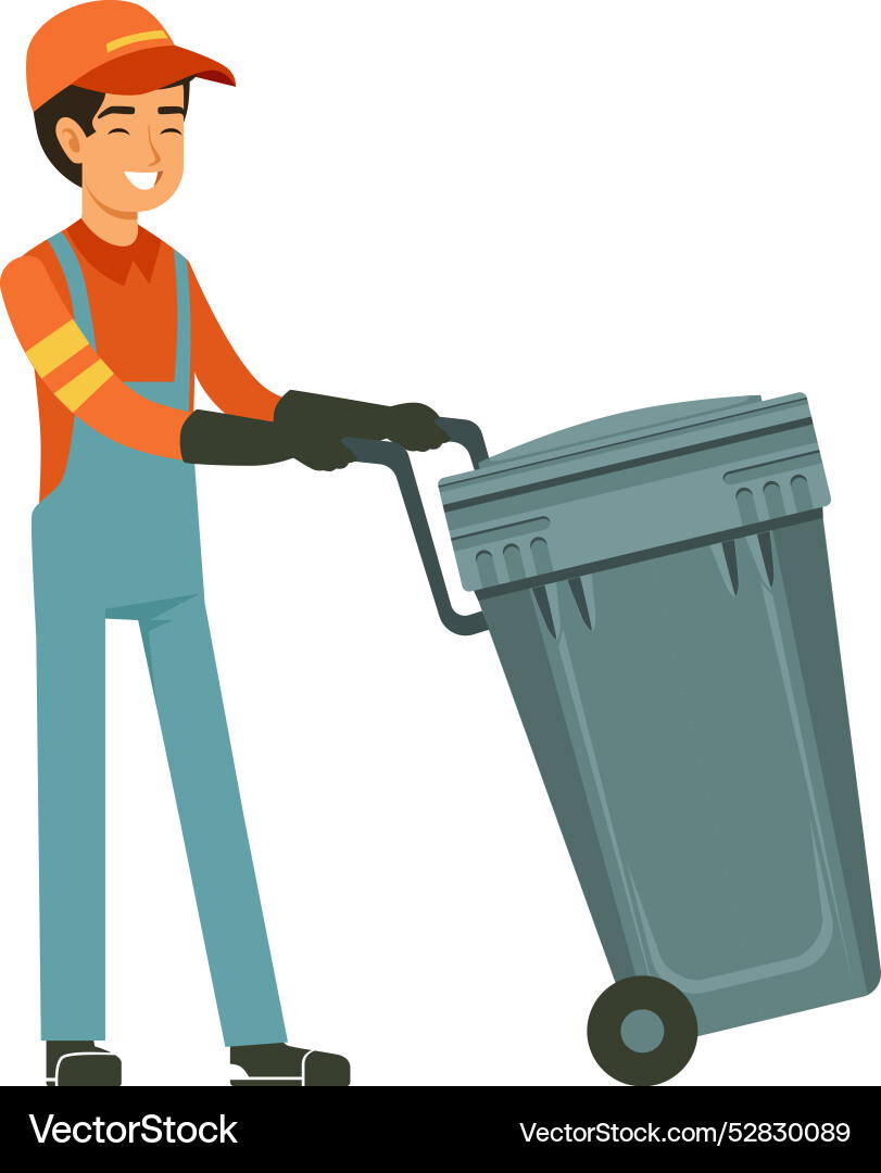 Worker pushing trash can garbage cleaning service Worker pushing trash can garbage cleaning service vector image