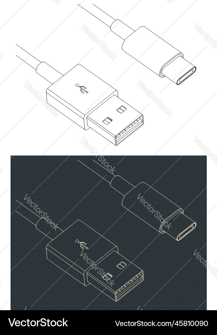 Usb type-a to type-c cable blueprints Vector Image