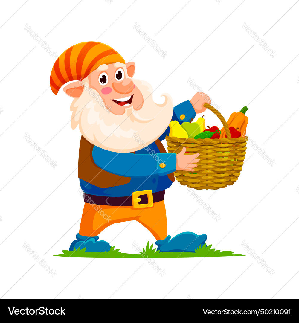 Cartoon gnome with ripe raw fruits crop in basket Cartoon gnome with ripe raw fruits crop in basket vector image