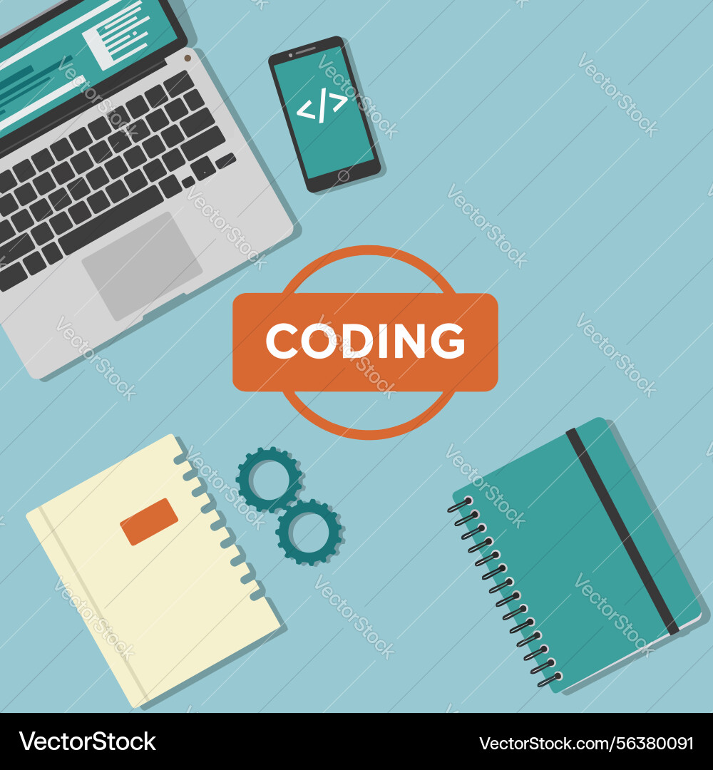 Coding workspace with laptop smartphone notebooks Coding workspace with laptop smartphone notebooks vector image