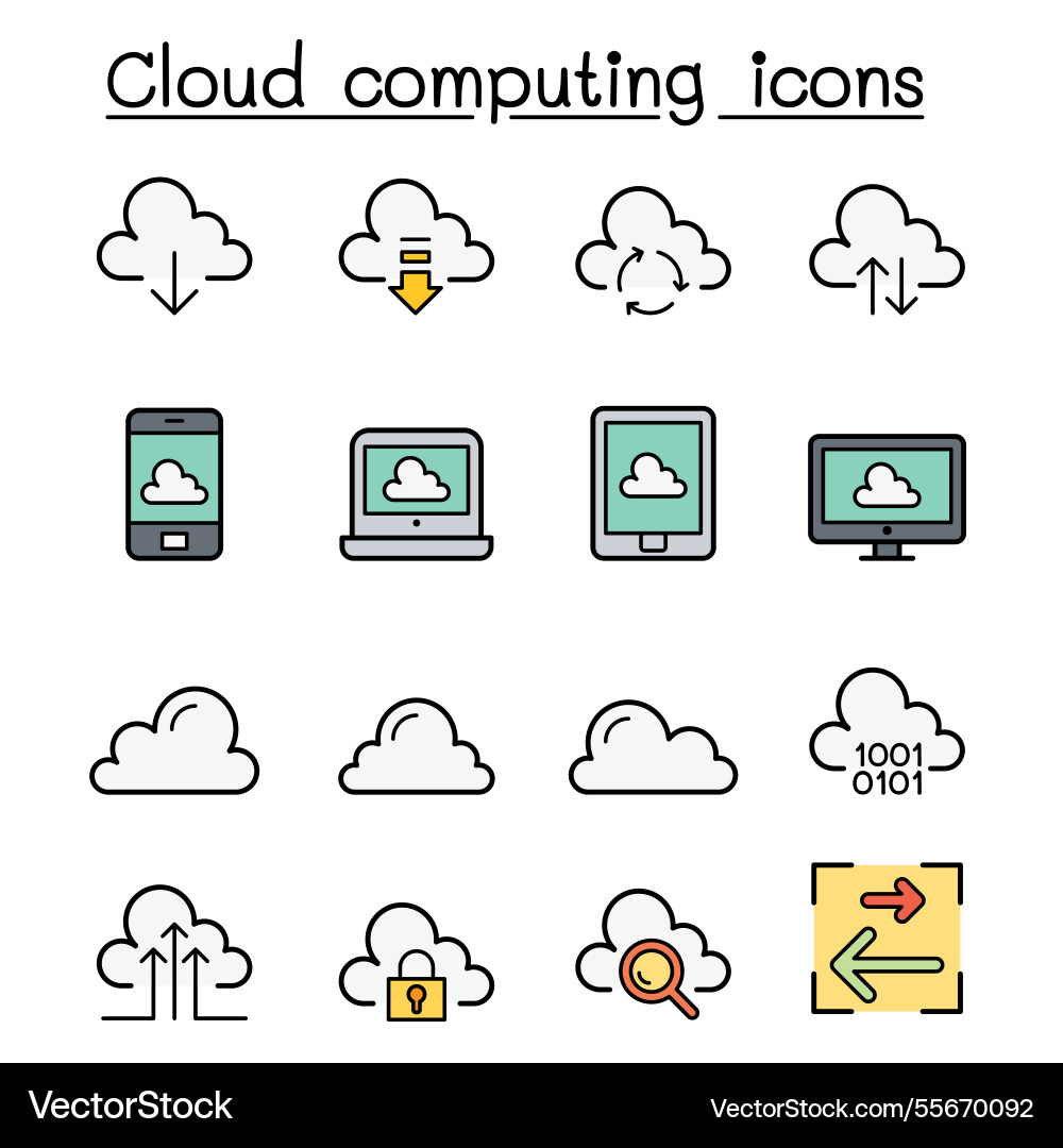 Cloud computing icon set in color line style Cloud computing icon set in color line style Vector Image