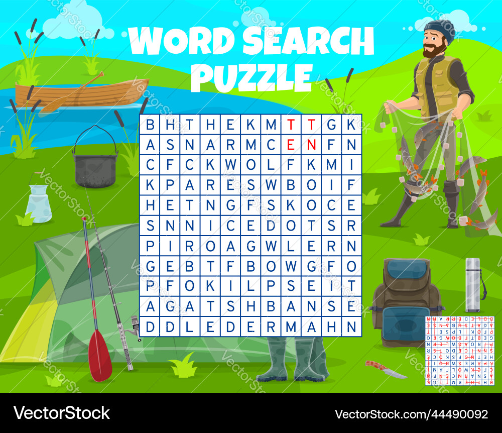 Fishing sport and camping word search puzzle game Fishing sport and camping word search puzzle game vector image