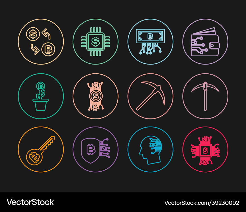 Set line processor chip with dollar pickaxe Set line processor chip with dollar pickaxe vector image