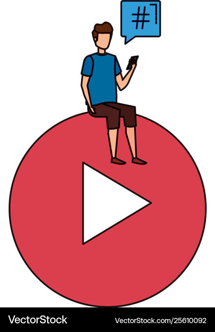 Young man using cellphone seated in play button Young man using cellphone seated in play button vector image