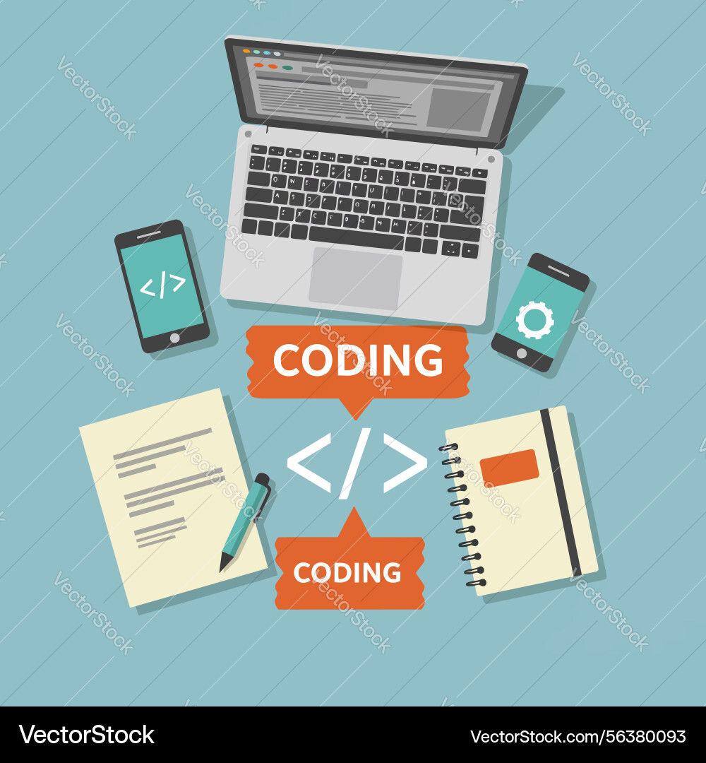 Coding workspace with laptop smartphone notebook Coding workspace with laptop smartphone notebook vector image