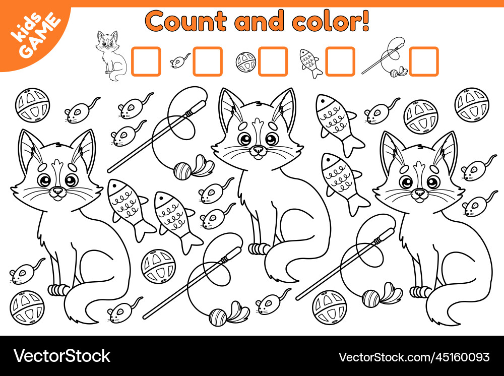 Count and color math game cartoon cat with toys-1 Count and color math game cartoon cat with toys-1 vector image