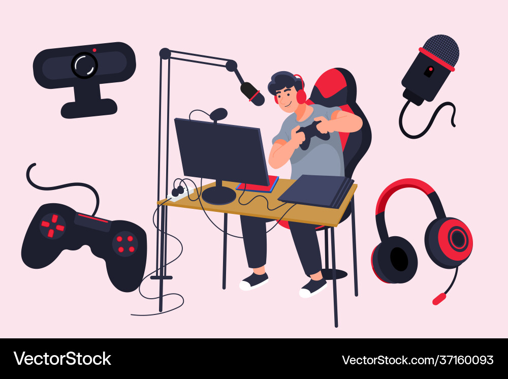 Flat game streamer elements set Flat game streamer elements set Vector Image