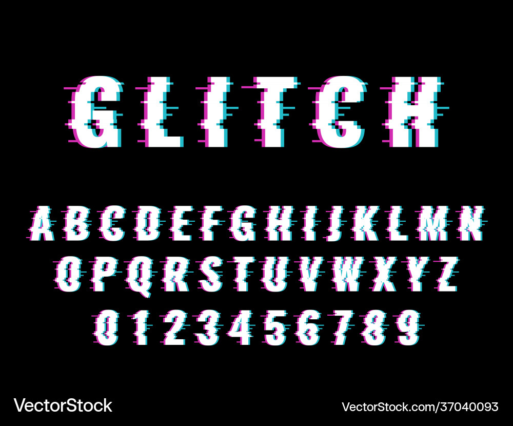 Glitch font broken effect letters and numbers Glitch font broken effect letters and numbers vector image