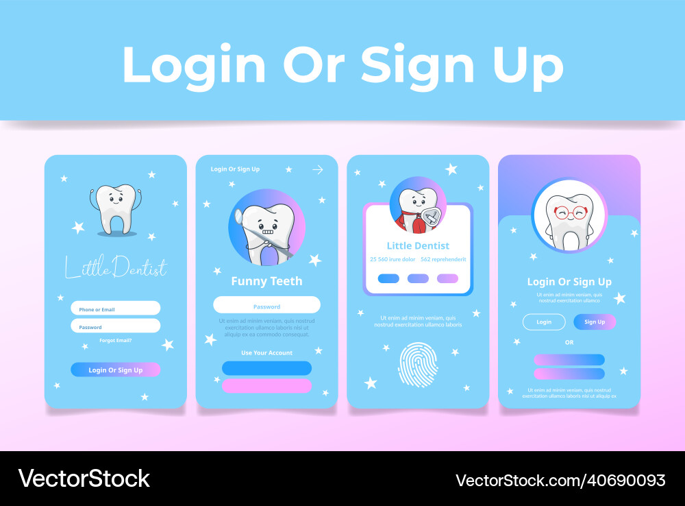Little dentist log in or sign up user interface Little dentist log in or sign up user interface vector image