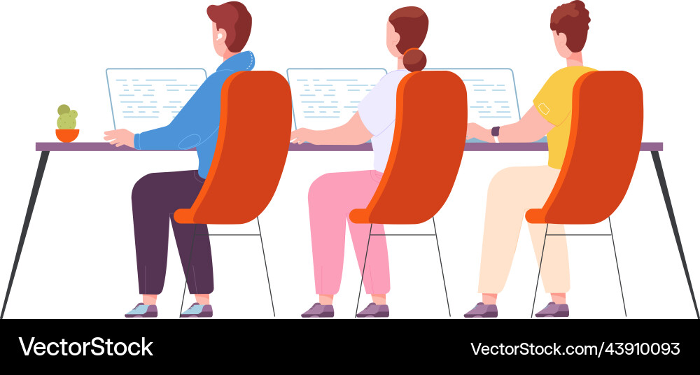 Programmers working at computer desk back view Programmers working at computer desk back view vector image