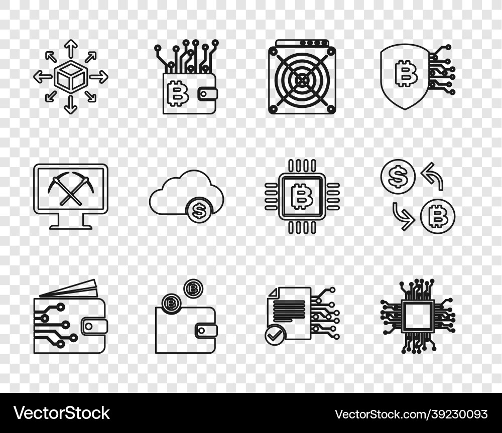 Set line cryptocurrency wallet processor asic Set line cryptocurrency wallet processor asic vector image