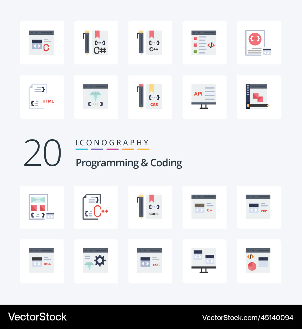 20 programming and coding flat color icon pack vector image