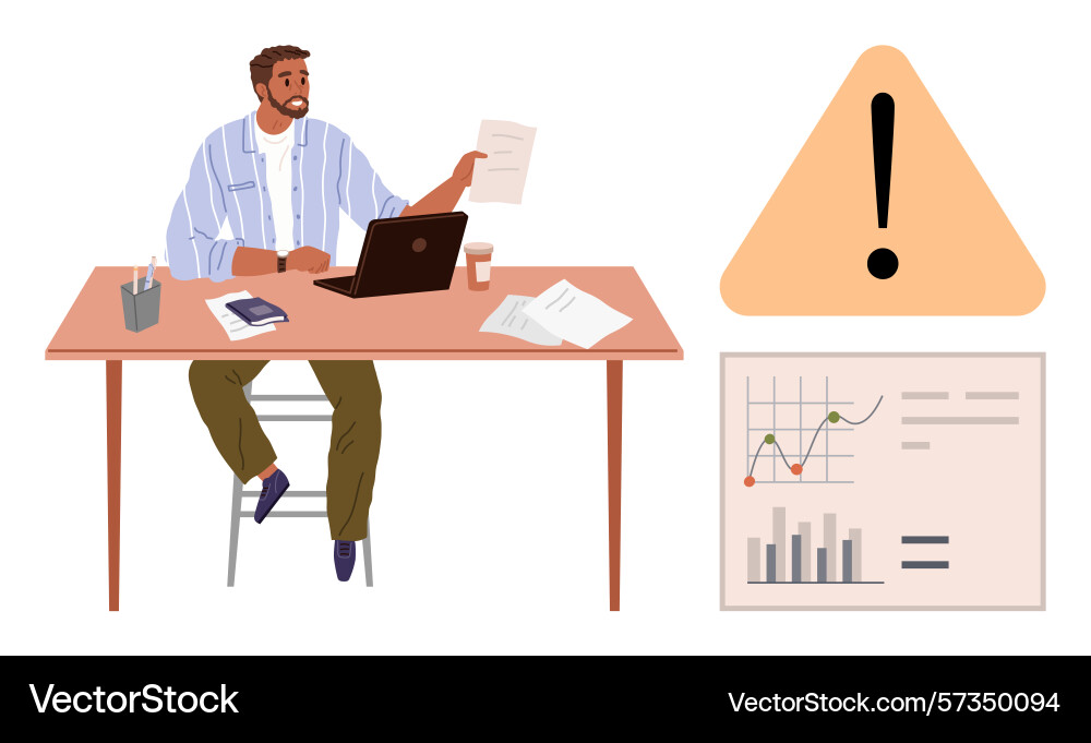 Businessman analyzing document at desk with graph Businessman analyzing document at desk with graph vector image