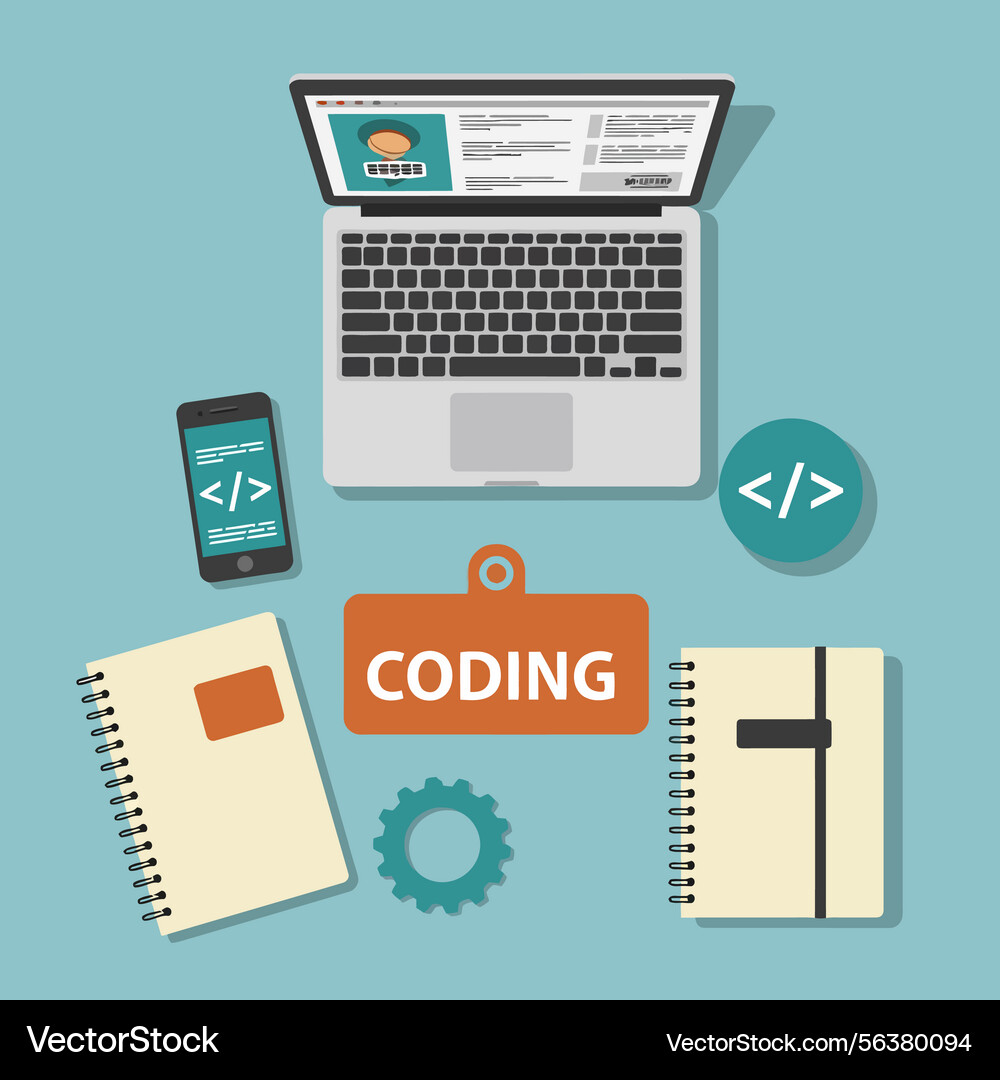 Coding workspace with laptop smartphone notebooks Coding workspace with laptop smartphone notebooks vector image