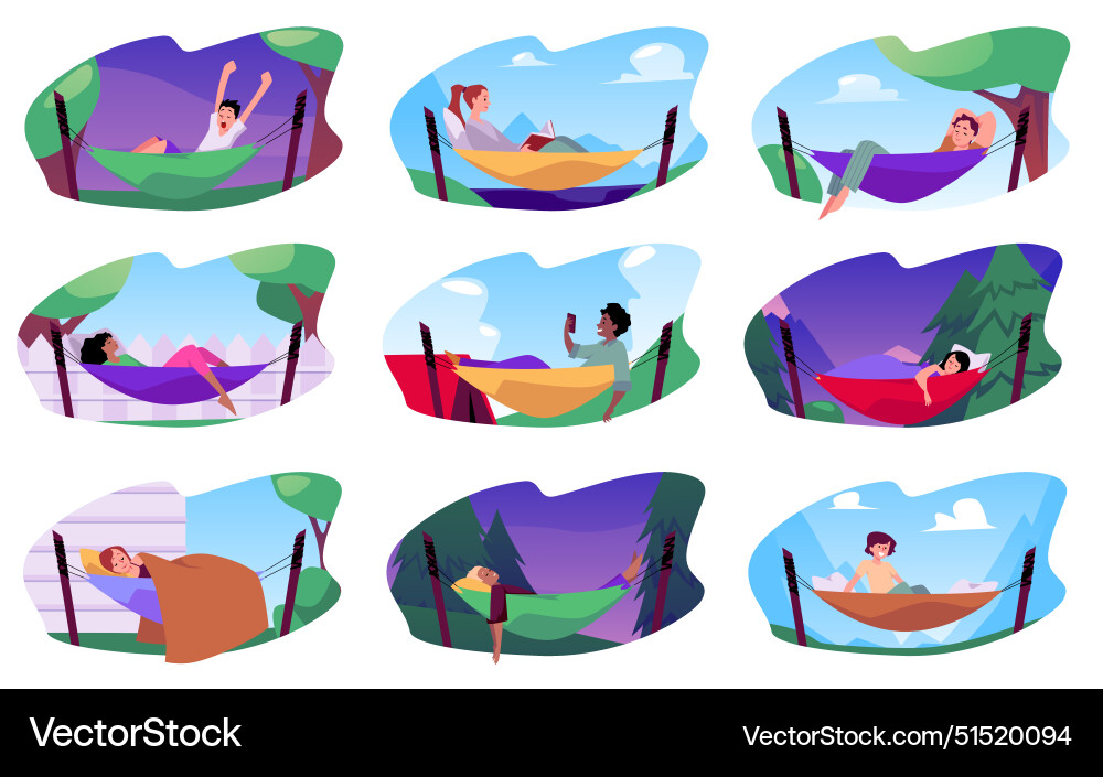 Isolated stickers of characters in hammocks Vector Image