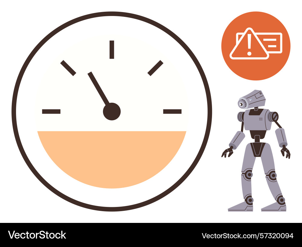 Robot near gauge with low indicator and warning Robot near gauge with low indicator and warning vector image