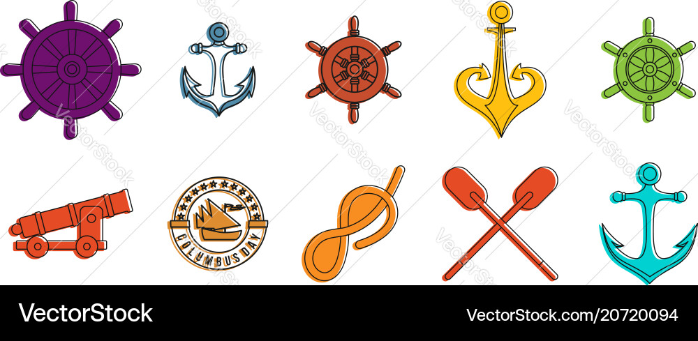 Sea element icon set color outline style Vector Image
