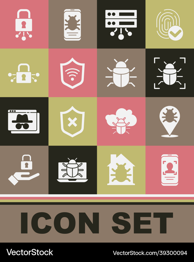 Set mobile and face recognition system bug Set mobile and face recognition system bug vector image