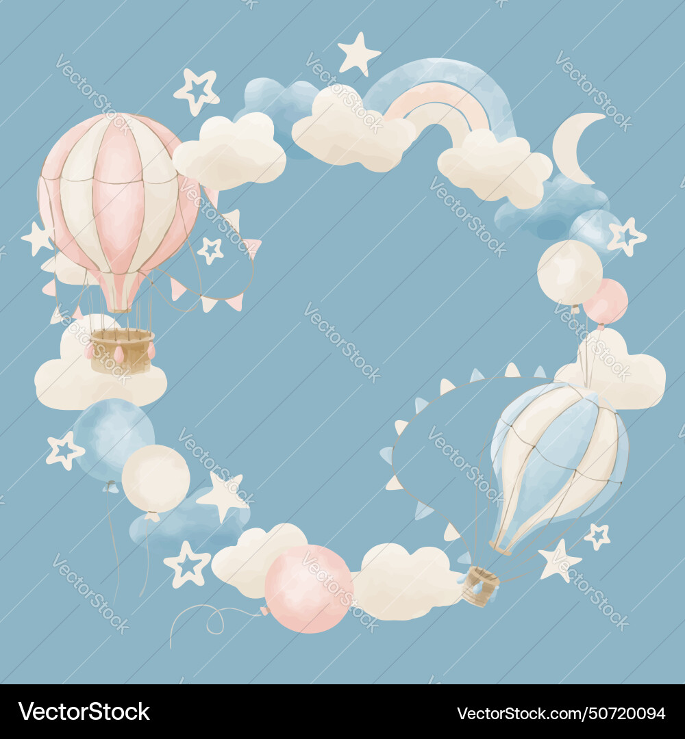 Template for wreath with hot air balloons clouds Template for wreath with hot air balloons clouds vector image