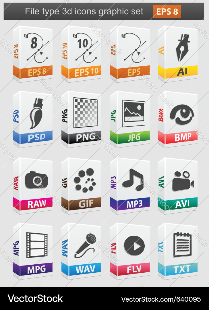 3D File Type Icons Set vector image