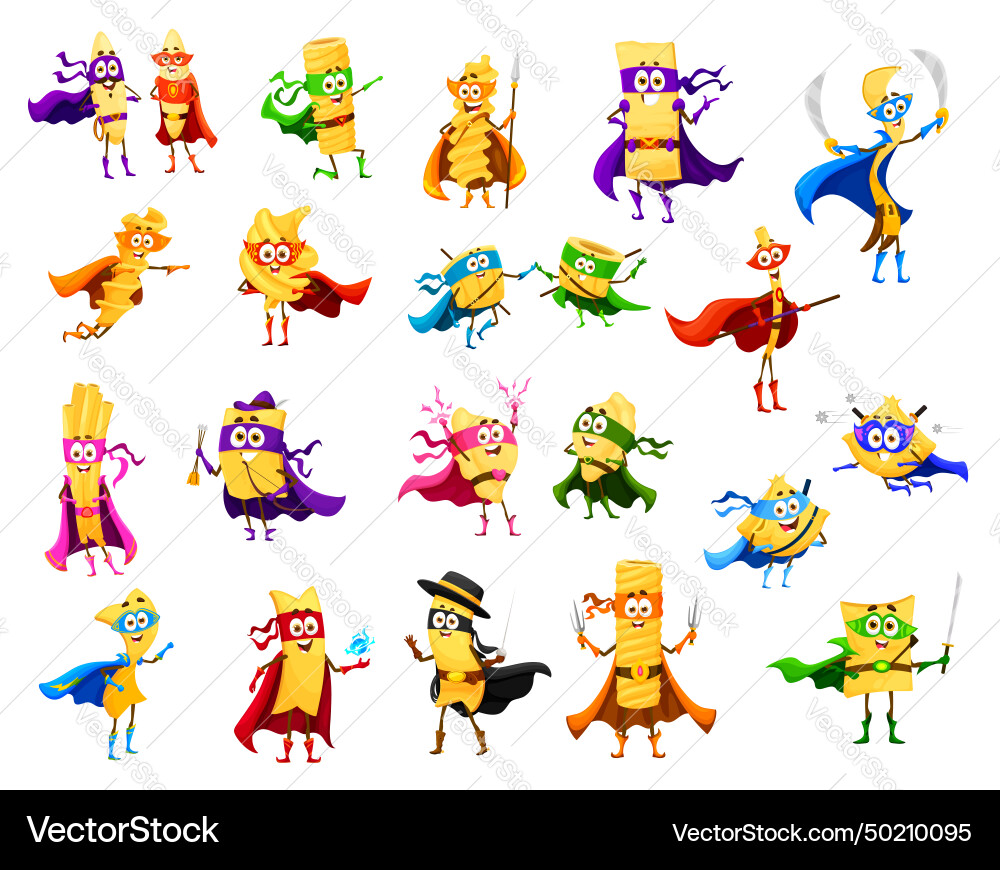 Cartoon italian pasta cute superhero characters Cartoon italian pasta cute superhero characters vector image