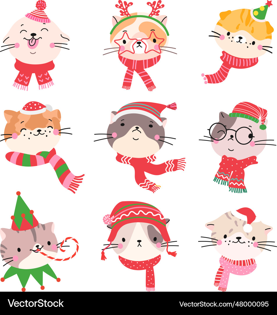Cats christmas faces in holiday outfits cat Cats christmas faces in holiday outfits cat vector image