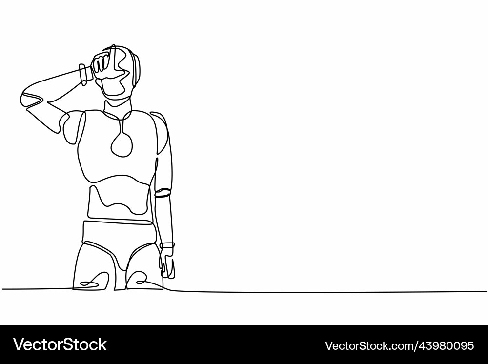 Continuous one line drawing robot standing vector image