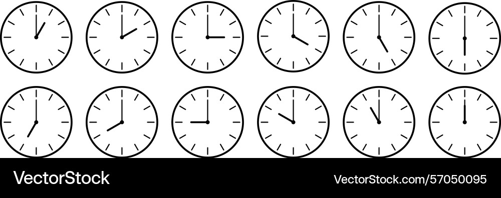 Horizontal set of analog clock icon notifying vector image