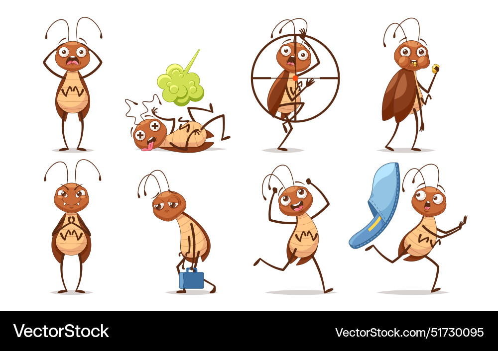 Set of animated cartoon cockroach characters Set of animated cartoon cockroach characters Vector Image