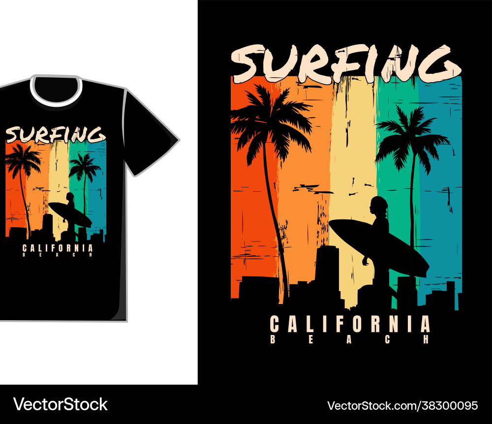 T-shirt silhouette surfing beach sunset T-shirt silhouette surfing beach sunset vector image