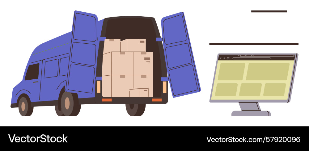 Delivery van loaded with boxes next to a computer Vector Image