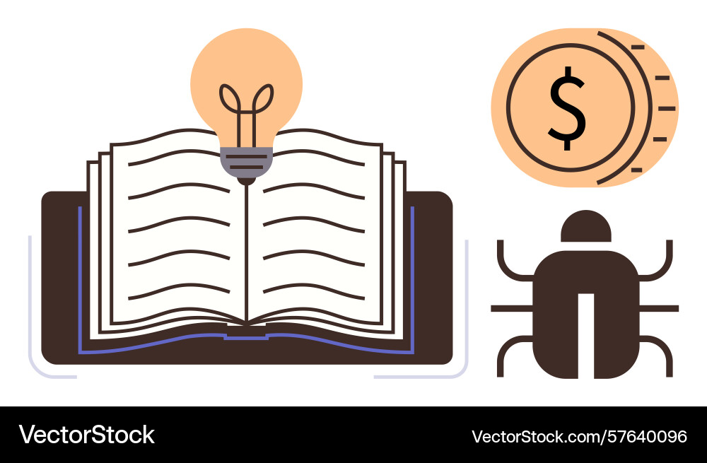 Open book with light bulb coin and bug Open book with light bulb coin and bug vector image