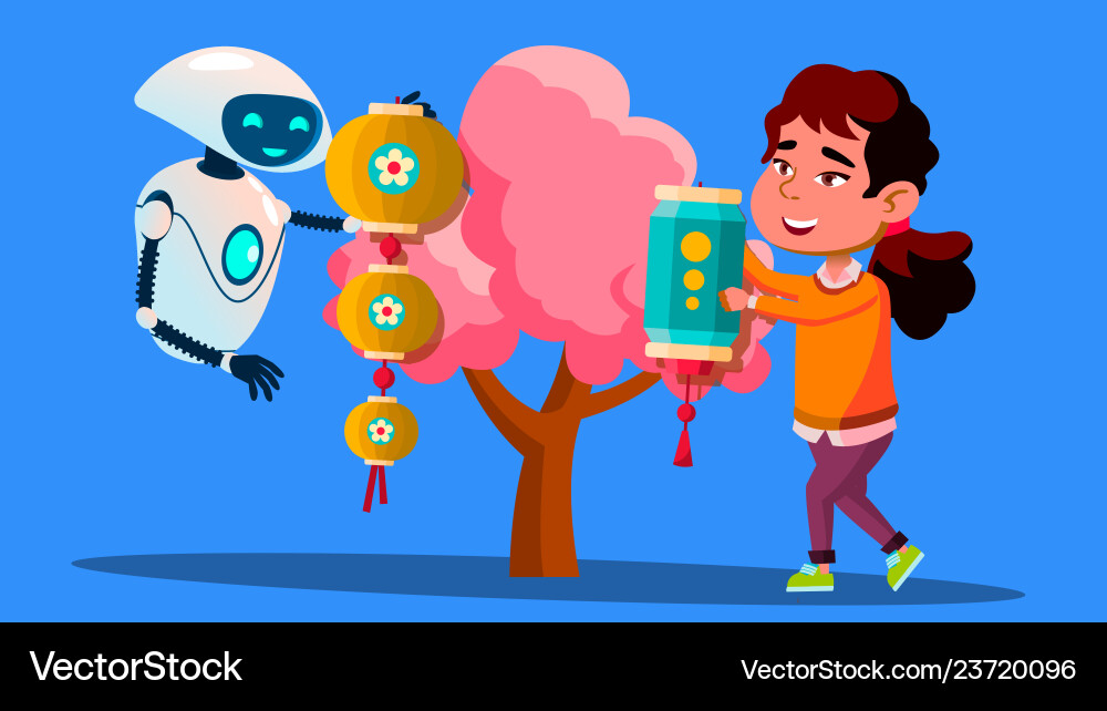 Robot with child hangs chinese lantern on tree Vector Image