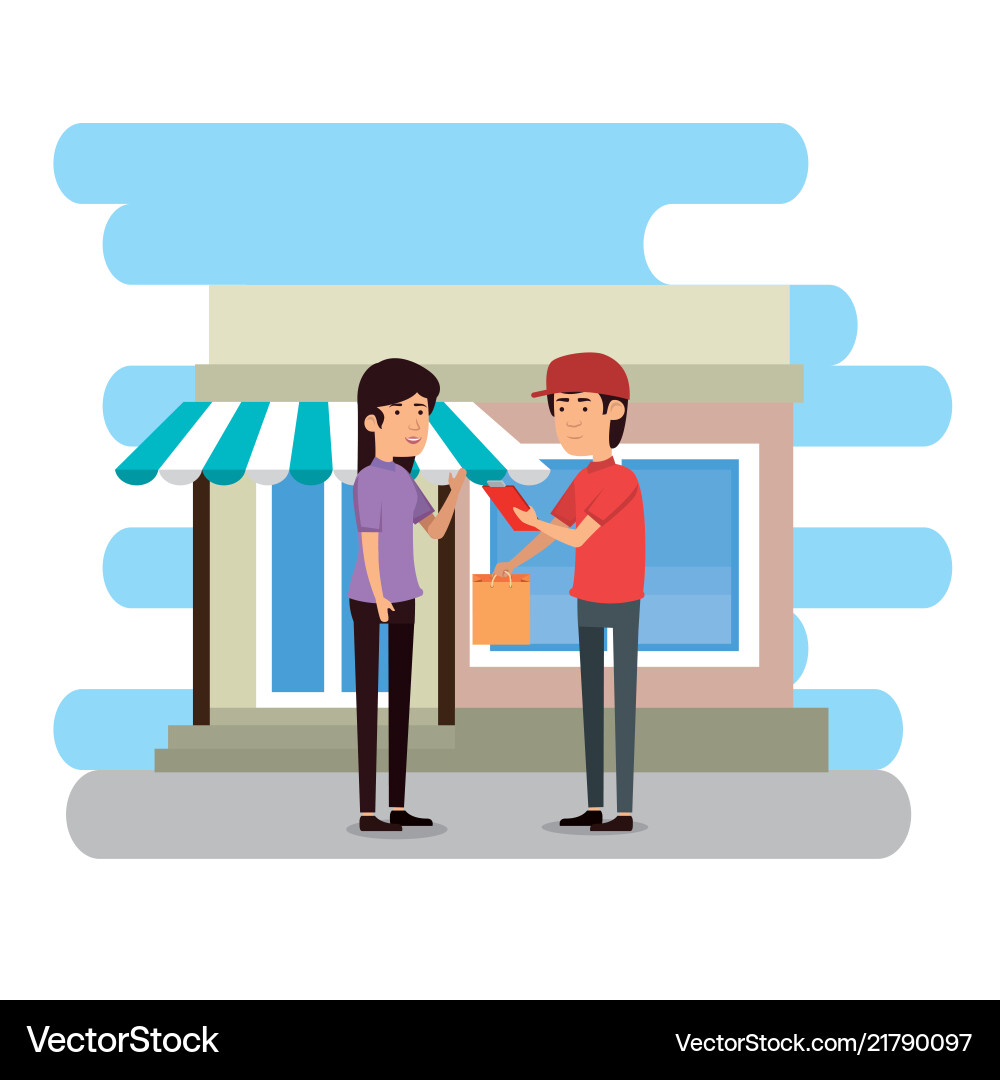 Delivery worker with female receiver character Delivery worker with female receiver character vector image