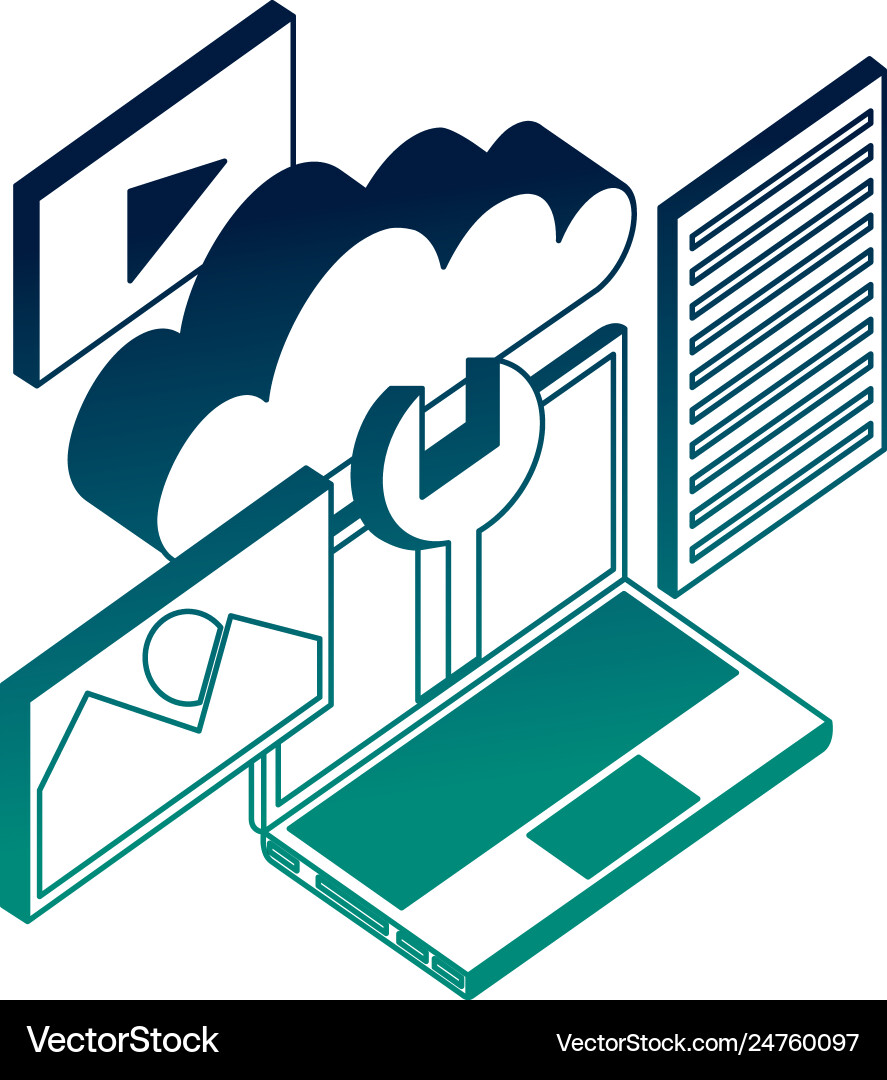 Laptop computer wrench cloud network data apps Laptop computer wrench cloud network data apps vector image